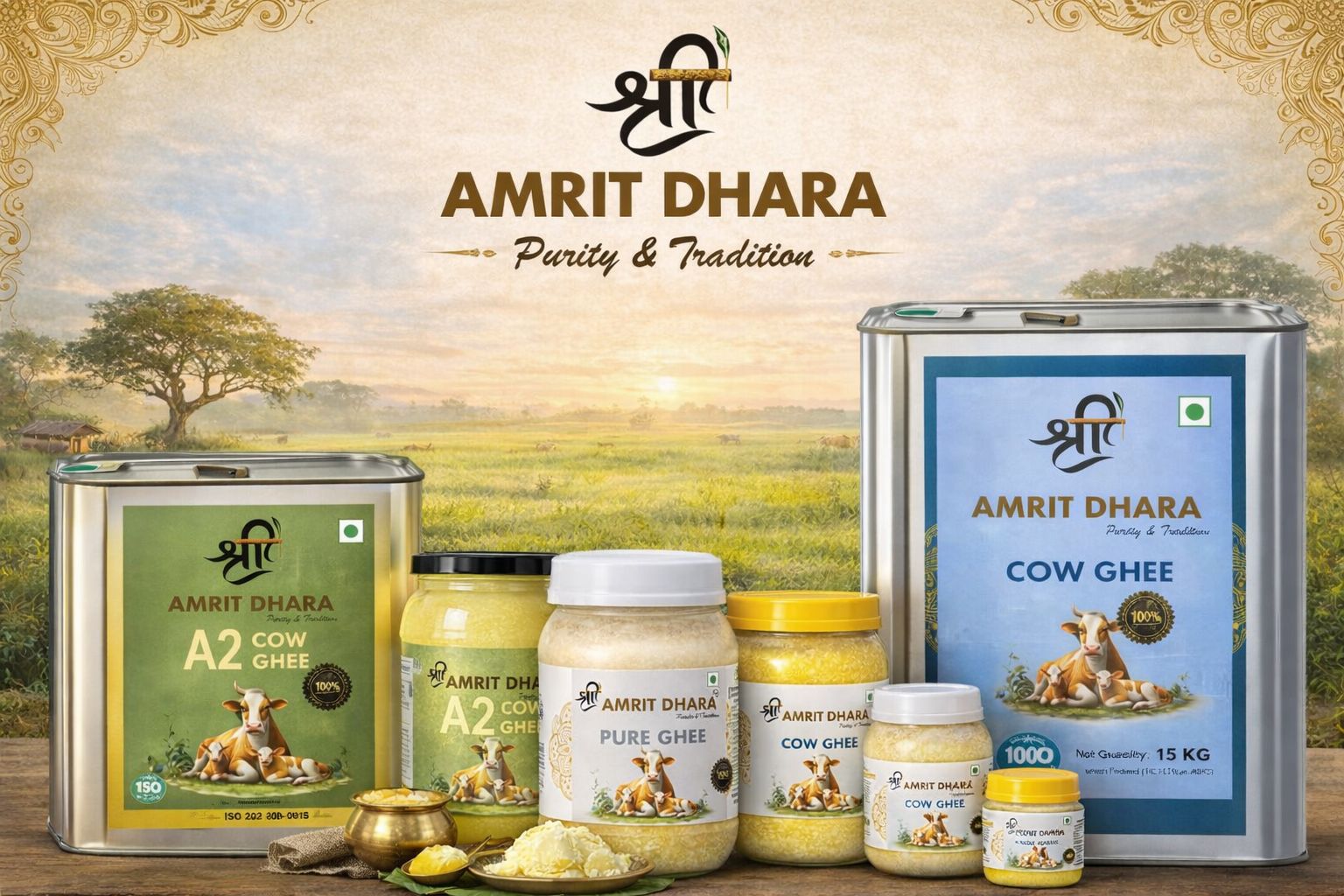 Shri Amrit Dhara A2 cow ghee jars — 500ml, 1 litre, 5 litre, and 15 litre sizes